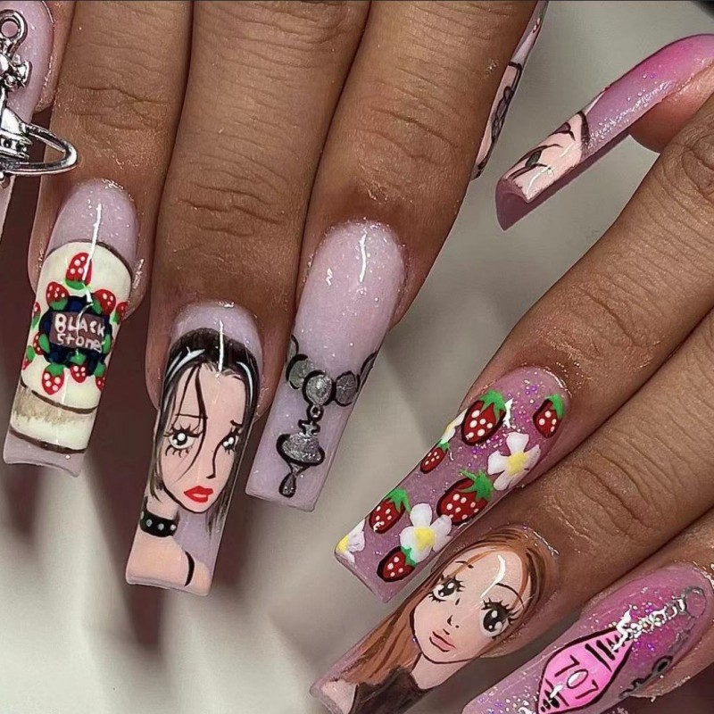Nail Art Strawberry - Накладные ногти средней длины для женщин,