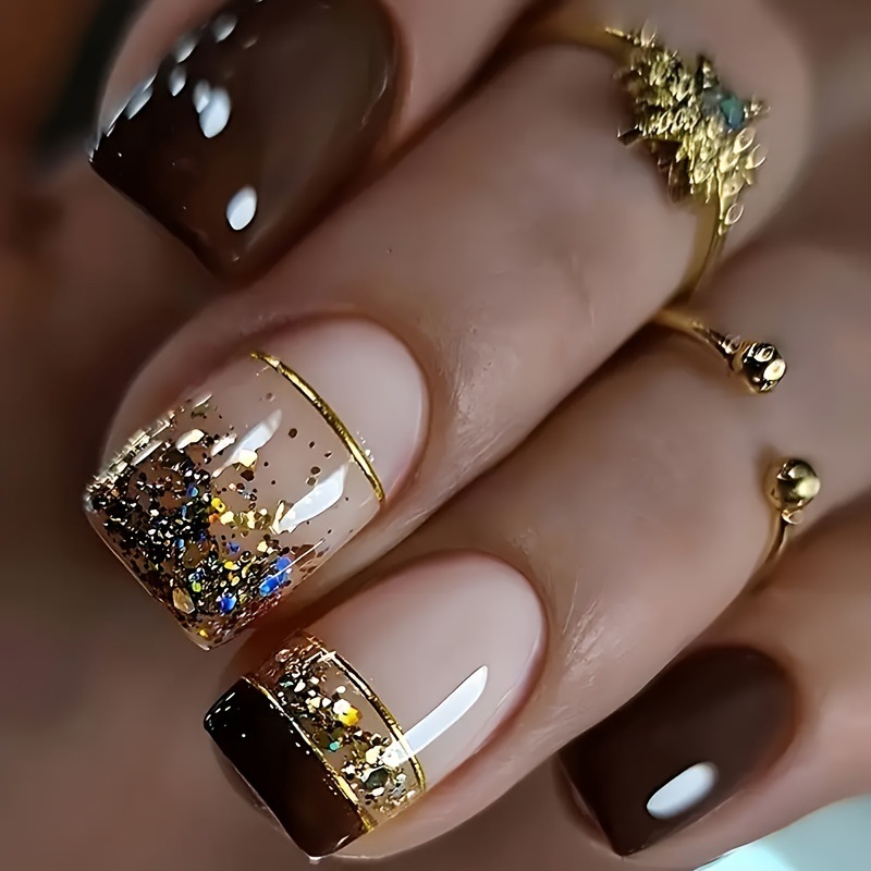 Nail Art Glossy - Короткие квадратные накладные ногти для женщин,