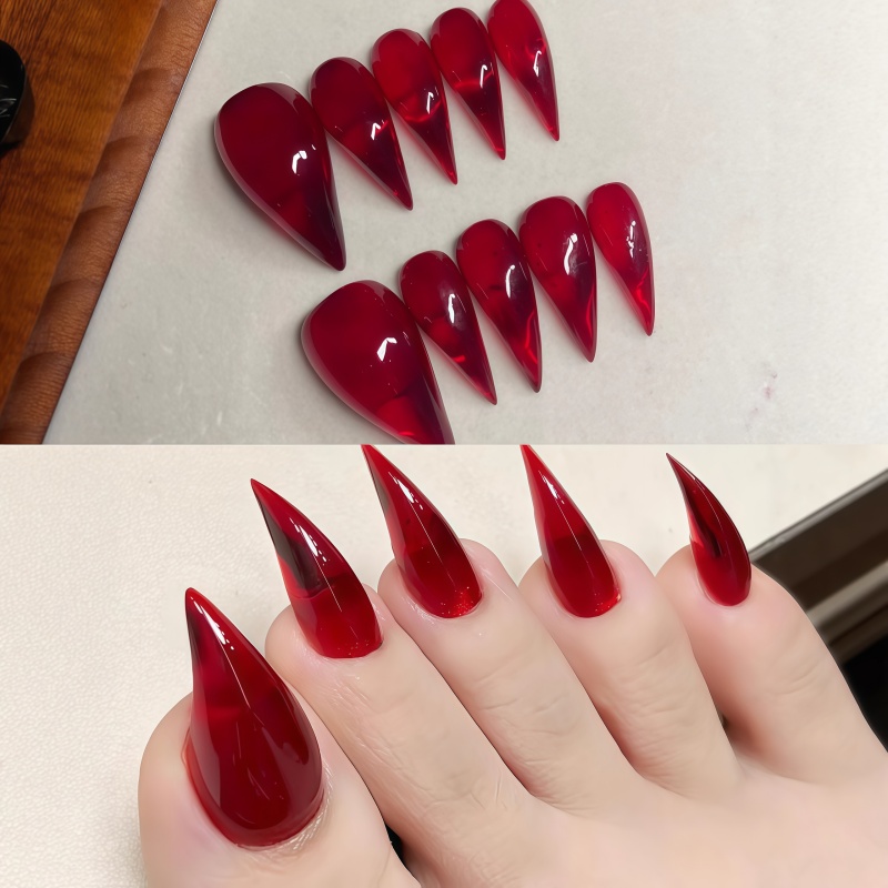 Nail Art Gothic - Длинные накладные ногти-стилеты, глянцевые прозрачные бордовые
